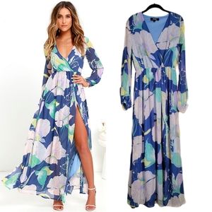 Lulus wondrous water lilies maxi dress denim blue